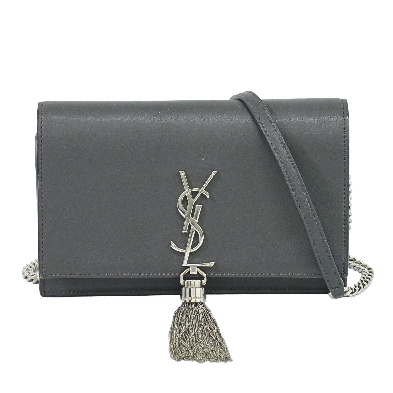 SAINT LAURENT Kate Tassel Leather Chain Shoulder Crossbody Bag Gray Silver YSL