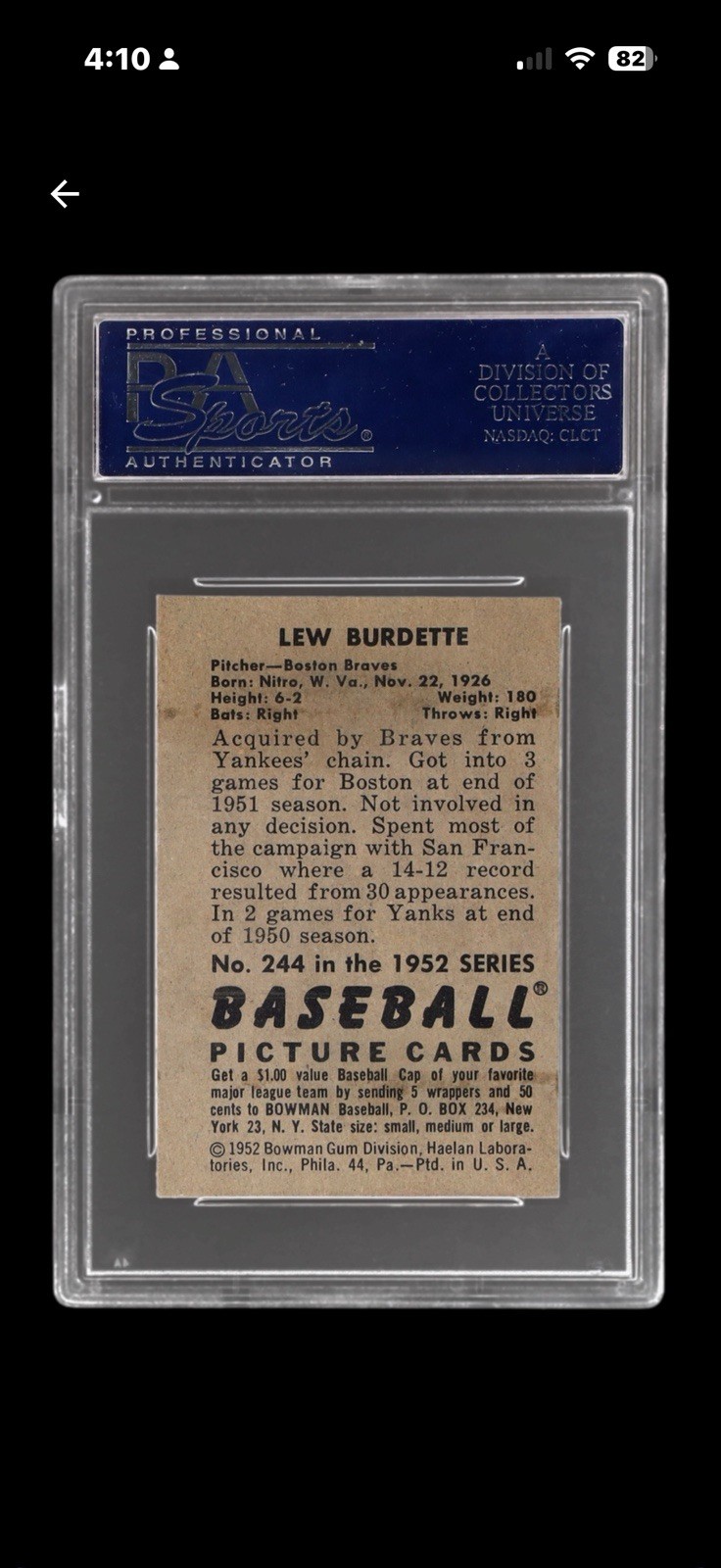1952 Bowman - Lew Burdette #244 (RC) Boston Braves Vintage Baseball Card PSA 6 view 2
