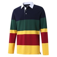 Men's Long Sleeve Polo Shirt Casual Collared Striped Pique Polo Shirts Soft C...