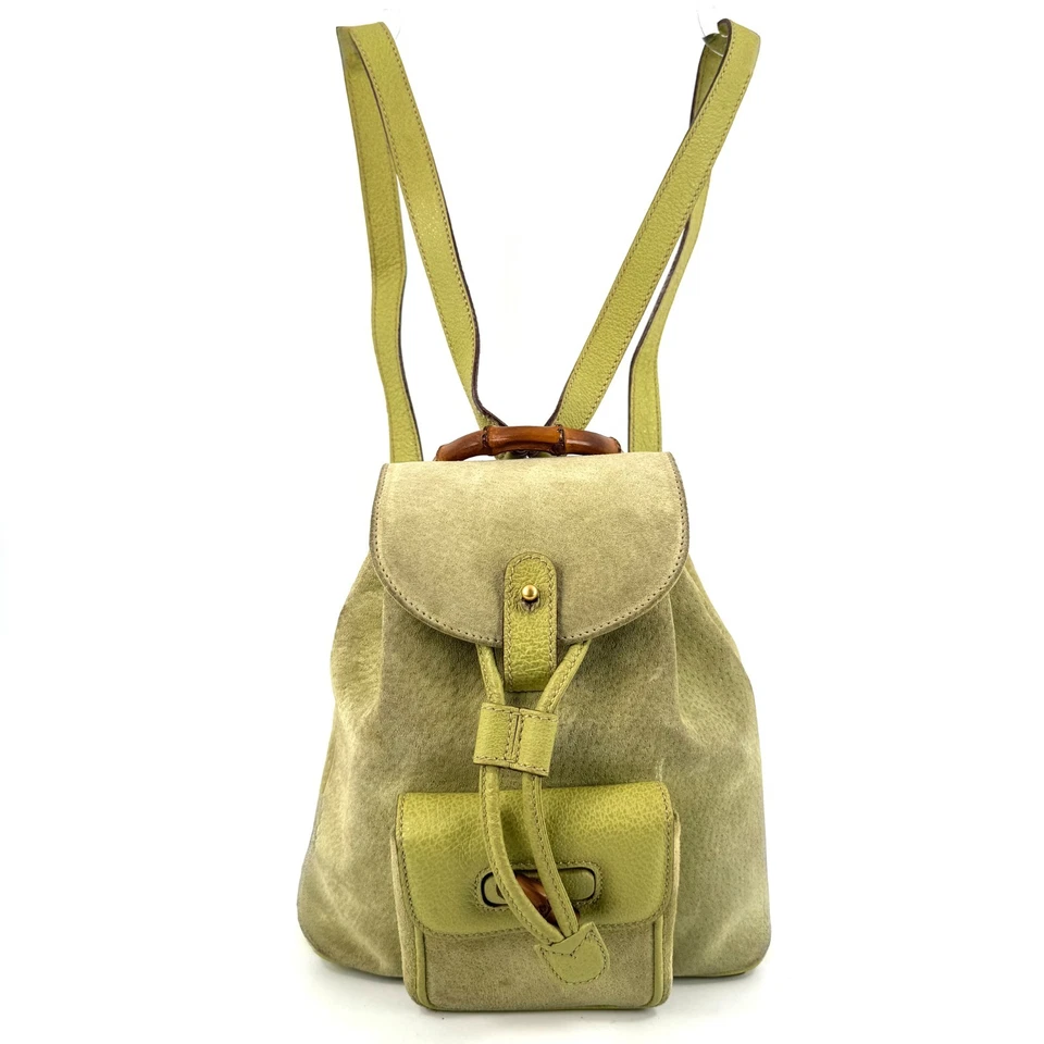 GUCCI Vintage Suede Leather Bamboo Backpack Drawstring Shoulder Bag Green Auth - Image 3 of 4