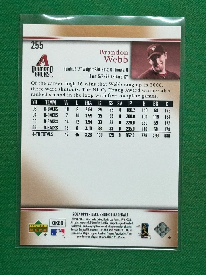 Béisbol Upper Deck Gold Parallel 2007 #255 Brandon Webb/75 Foto 2 de 2