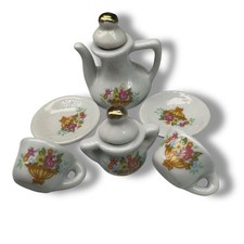 Porcelain Miniature Tea Set Dollhouse Teapot Cups Plates Flower Basket