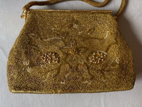 Vintage Gold Glass Bead Evening Bag Clutch Purse – Handmade Hong Kong 7"x9" - Picture 4 of 7