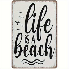 Vintage "Life is a Beach" Metal Wall Sign 12x8 Inch Rustic Coastal