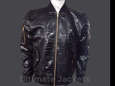 Black Crocodile Embossed Leather Bomber Jacket for Men | Legend leather costume