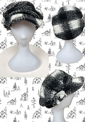 Lafenice Black-Cream Plaid Handmade Italy Wool Floral Side Accent Newsboy Hat Lafenice Black-Cream Plaid Handmade Italy Wool Floral Side  main image 2