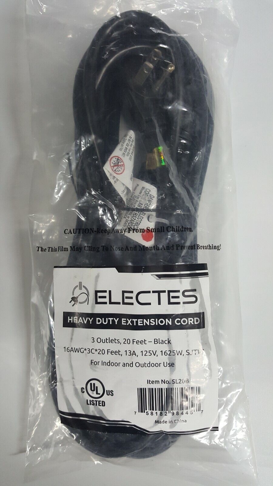 Electes 20 ft Heavy Duty Extension Cord / Wire, 3 Outlets -Black