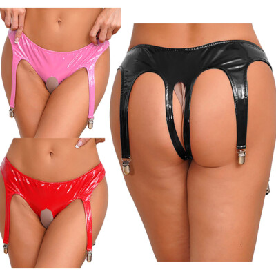 DE Damen String Glänzend Unterwäsche Bequem Slips Mit Strumpfband Clips Dessous