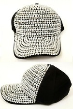NEW BLACK CANVAS SHINY CRYSTAL CUT GLITZ STUDS,PEARL LADY'S BASEBALL HAT,CAP
