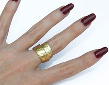 Yellow Gold 24K Plated Hammered Effect Scroll Band Ring Sz 6.5 Israel Artisan