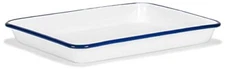 11" x 9" Enamelware Metal 2 Qt Rectangular Serving Tray, White/Navy Blue Rim