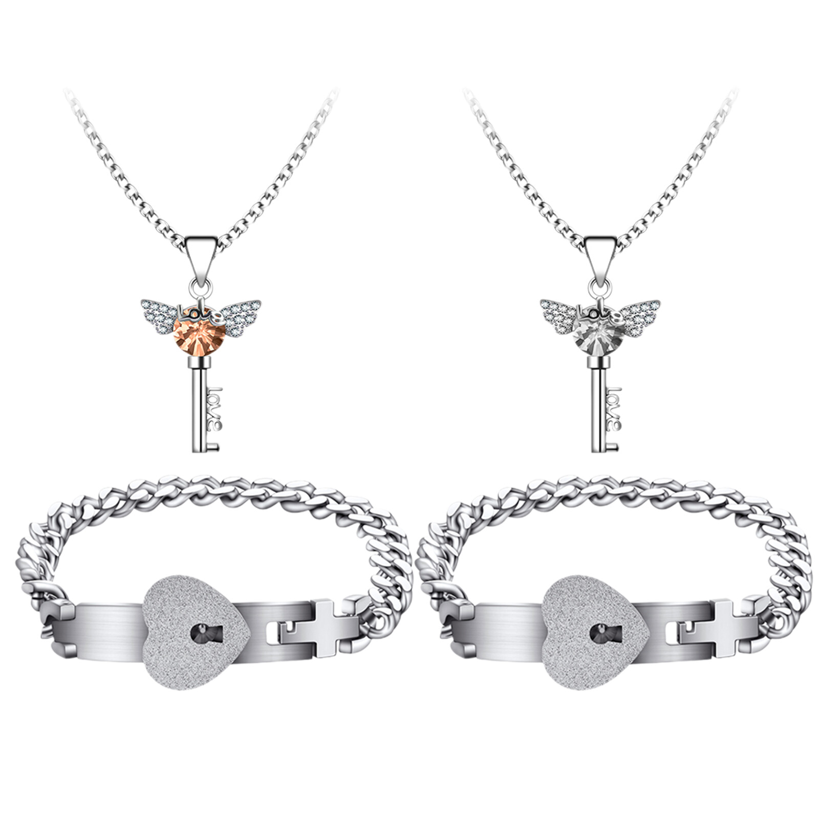 Angelic Locks 2pcs Lock And Love Angel Wing Crystal Key Necklace Bracelet Set For ...