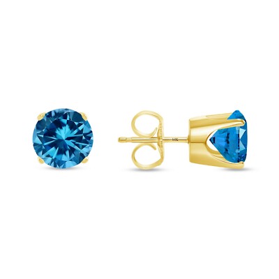 2.75 Ct Round Cut Blue Earrings Crown Set Studs Solid 14K Yellow Gold Push Back
