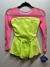 Motionwear New Girls Large 12/14 Mesh Pink Long Sleeve Neon Green Skirt Leotard