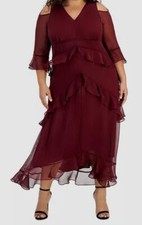 Tahari ASL Womens Red V-Neck Ruffle-Trim Chiffon Dress Plus Size 14W