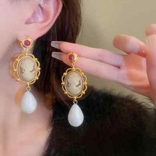 women pearl pendant earrings, retro earrings ...