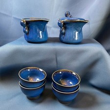 Japanese Style Blue Glaze Tea Set Teapot Creamer 4 Cups Stoneware Cobalt Vintage