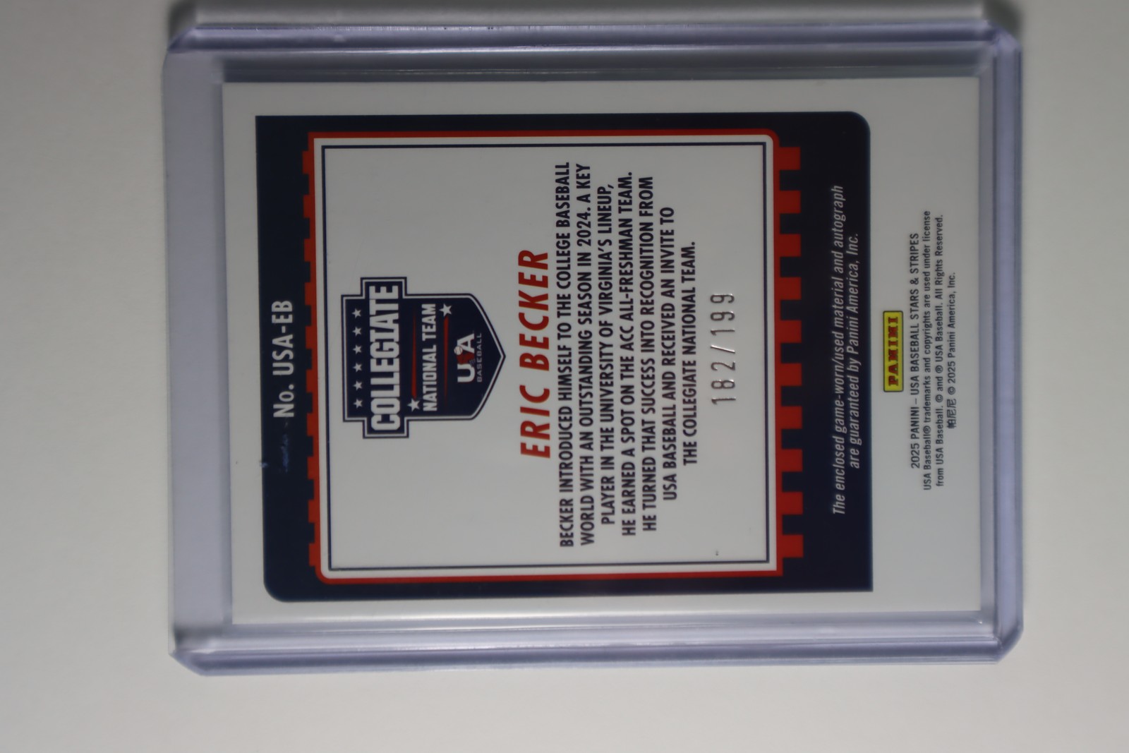2025 Panini USA Baseball Stars & Stripes ERIC BECKER Auto Patch /199 #USA-EB view 2
