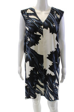 Halston Heritage Womens Floral Print V Neck Sleeveless Dress White Blue Size 2
