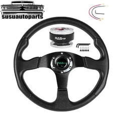 14in 350mm Flat Dish Black Racing Steering Wheel w/ Horn+Ball Quick Release Kit