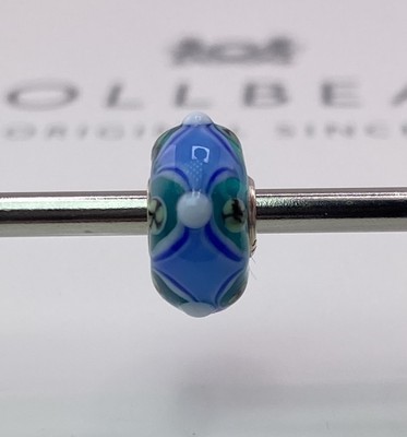 Trollbeads Unique Blue on Green Glass Bead Sterling Silver Core New OOAK