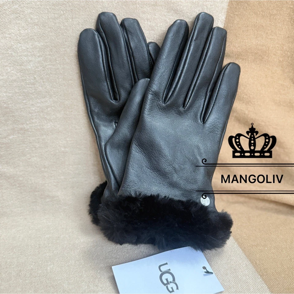 Talla Grande ~NUEVO CON ETIQUETAS UGG Cuero Genuino Puño de Piel Real Negro Shearling Guantes Cortos Foto 2 de 4