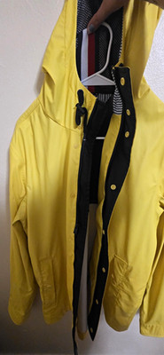 Vintage Tommy Hilfiger Yellow Hooded Rain Coat Jacket L Mid-Length Full Zip Snap