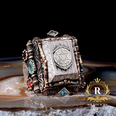 Seal of King Solomon,Zircon Stone,Turkish Motif Engraving,925 Silver Men's Ring