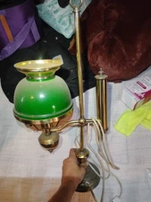 VTG 1980's Brass Tole Student Desk Lamp Table Light Metal Shade Green