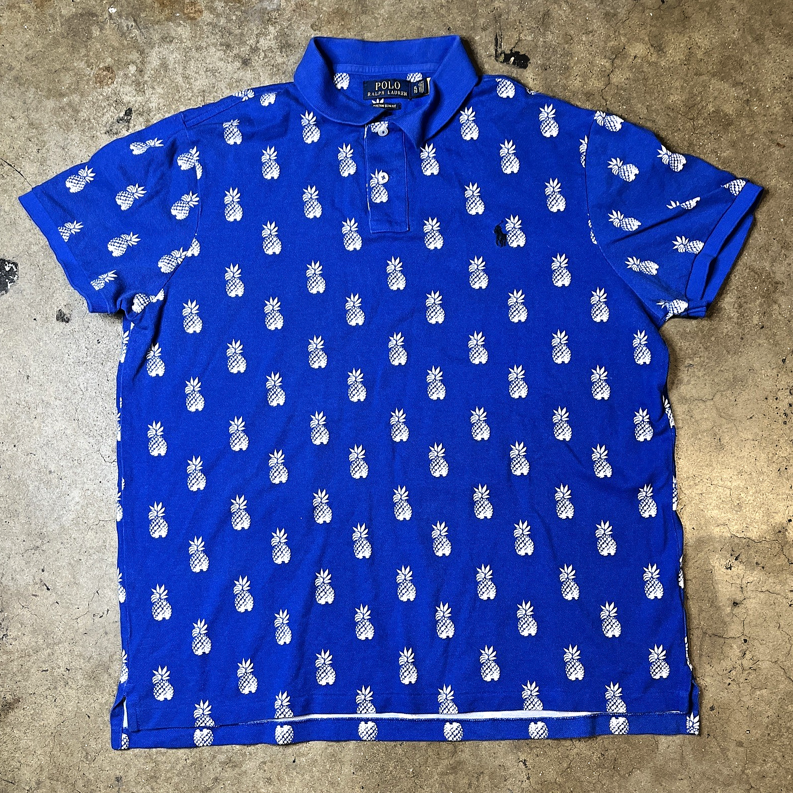 Polo Ralph Lauren camicia uomo XL blu manica corta stampa ananas blu pony