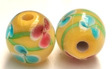 20pcs handmade Lampwork glass round Beads Blue Pink flower on Yellow 12mm