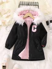 Girls Hooded, Faux Fur Trench Coat, Waist Cinch Long, Winter Jacket