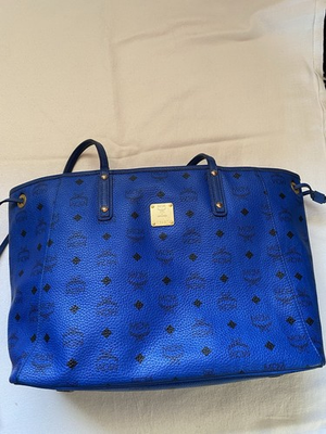 #ad MCM Women’s Blue Monogram Logo Tote Bag Double Handles Gold Hardware $380.00