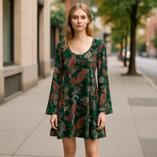 Smak Parlour Velvet 60's Style Paisley Dress Green Long Sleeve Mini 1X