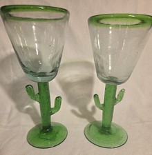 Pair Hand Blown Mexican Cactus Stem Wine Goblets Green Rim Art Glass Southwest