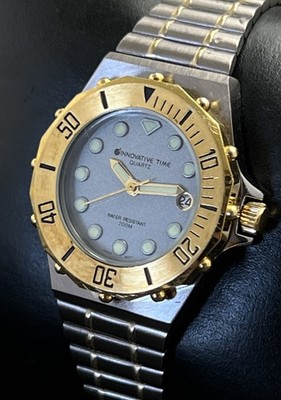 Vtg New 1988 INNOVATIVE TIME 200M Diver Womens 30mm Quartz Watch Date Gold Steel