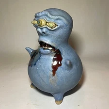 Folk Art Face Jug Style Blue Space Monster - Brad Ledbetter - 3 Eyes