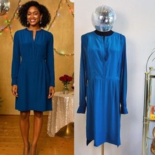 BCBGMAXAZRIA EMINA Blue Silk Dress, Size L, long sleeve