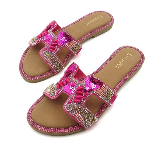 Women's Beaded Sandals Sequin Embellished Slides Rhinestone Flat Summer Slippers - Picture 17 of 32