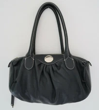 MARC MARC JACOBS pleated leather barrel shoulder bag black pebble grain satchel