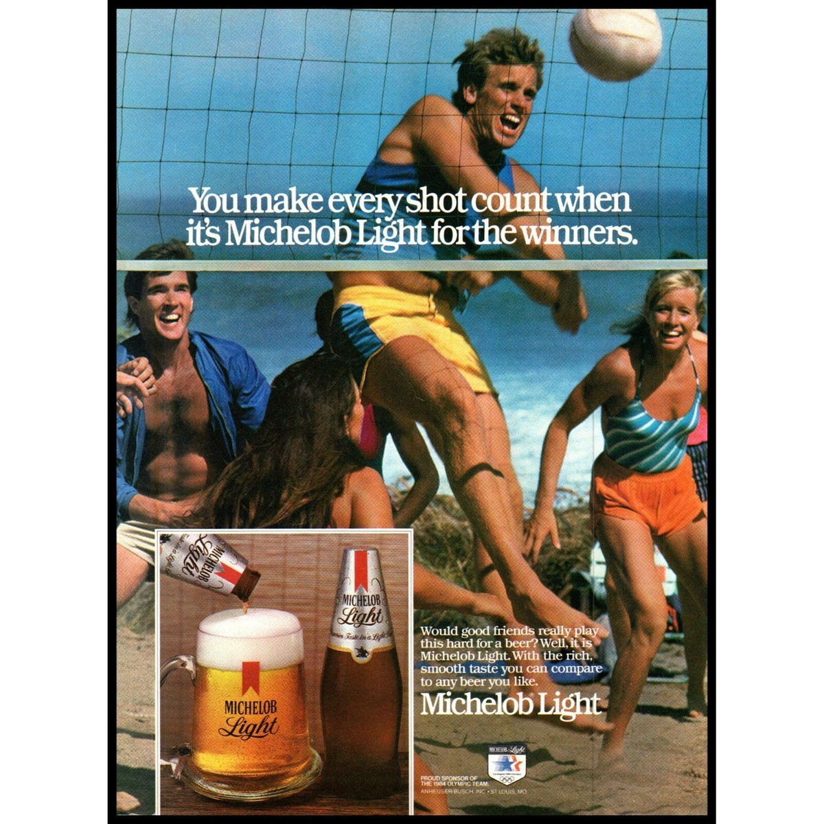 1983 Michelob Light Beer Vintage Print Ad Beach Volleyball Spike