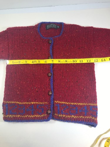 BLARNEY WOOLLEN MILLS Red Numbers Cable Knit Cardigan Sweater Unisex Kids Medium - Picture 8 of 9