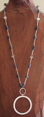 Women's Large Silver Hoop Necklace W/ Blue Accent Beads Sleek Classy Cool Hip  