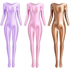 Women's One Piece Jumpsuit Shiny Satin Glossy Bodysuit Catsuit Full Bodystocking