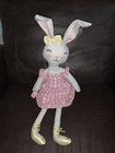 Bunny Rabbit Home Decor Shelf Sitter Beige Pink White Check Poseable Ears 19”