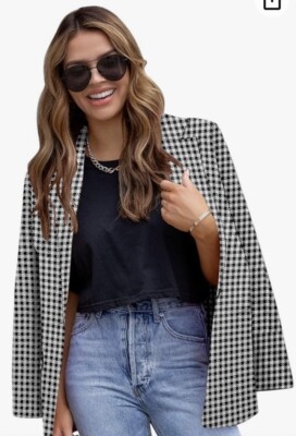 Crazy Grid Size L Black Houndstooth Office Blazer Jacket Long Lined Vent Formal