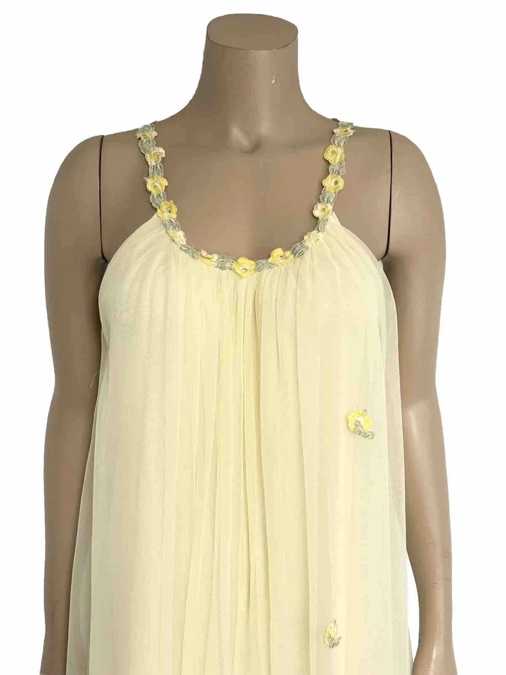 Vintage Gilead Sheer Net Dress Gown Yellow Flower Small Peasant Cottagecore - Image 3 of 4