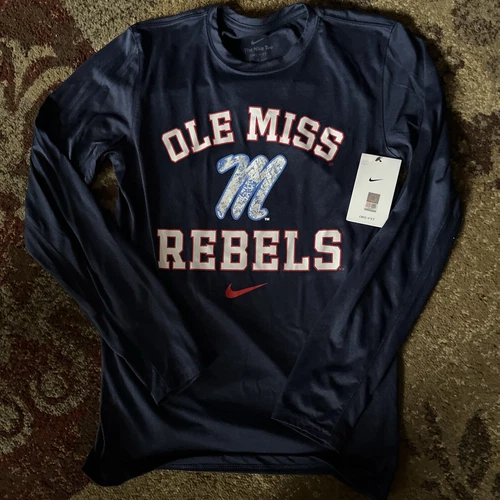 NWT Mens Nike Navy OLE MISS REBEL REALTREE Long Sleeve Performance Tee- S