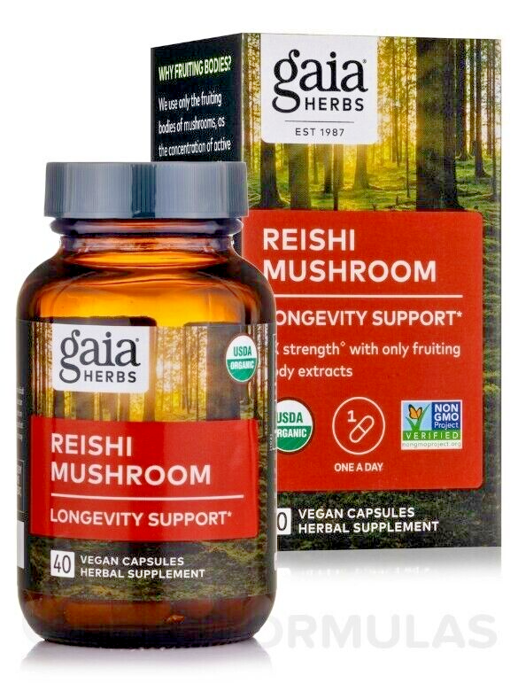 GAIA HERBS REISHI MUSHROOMS LONGEVITY SUPPORT 5X STRENGTH 40 VEGAN CAPS BB: 5/27
