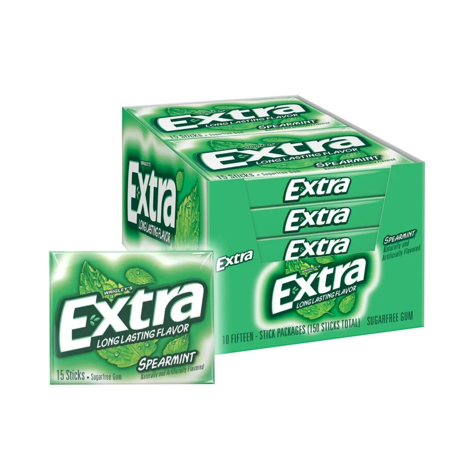 Extra Spearmint Strisce di Gomma da Masticare Senza Zucchero, 10 Confezioni (Totale 150 Pezzi)
